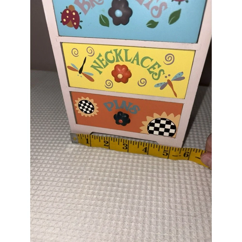 Vintage Y2K Wooden Mini Dresser Jewelry Box Kids Girls Hand Painted Trinket